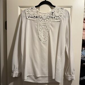 Halogen White Crochet Yoke Long-Sleeve Blouse